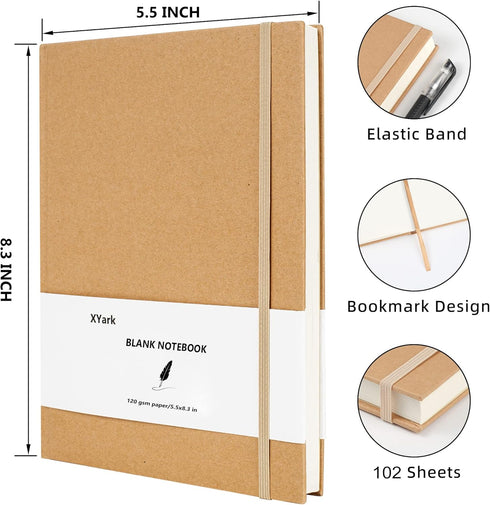 XYark Blank A5 Kraft Notebook Journals Bulk, 2 Pack, 120GSM, 102 Sheets, 5.5x8.3 inch Travel Journal