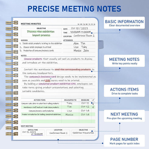 WEMATE 5 Pack Meeting Notebooks with Action Items, 200 Pages, PU Leather Notebook 10" × 7", Color Set 2