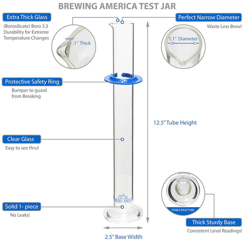 Brewing America Glass Hydrometer Test Tube Jar & Cylinder Brush - Narrow Flask for Alcohol by Volume Test - 3.3