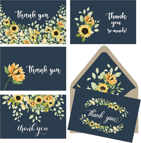 Gooji 4x6 Sunflower Thank You Cards (Bulk 20-Pack) Navy Blue Envelopes