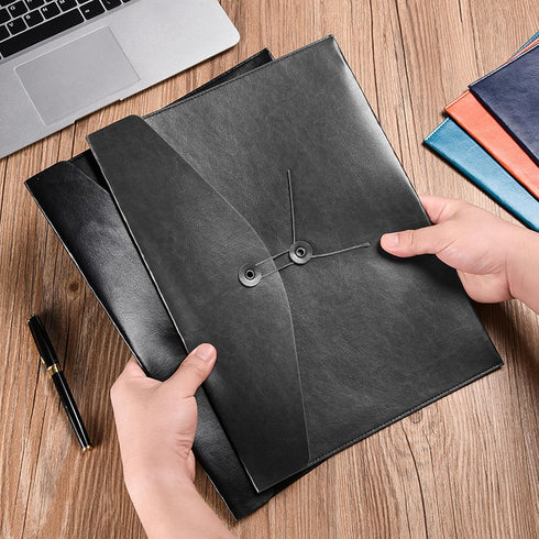 VANRA 1 Piece PU Leather File Folders - A4 Letter Size Document Holder with String Tie Closure, Black