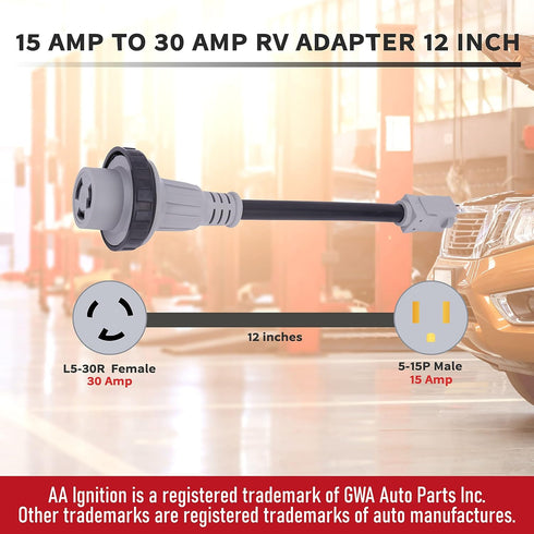 AA Ignition 15 Amp to 30 Amp RV Adapter, 12 Inch Dogbone Electrical Converter Plug, 5-15P Male to L5-30R Female,
