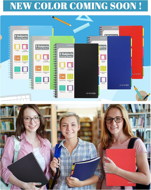 Spiral Notebook - 5 Subject College Ruled Notebook, 3-Hole Punched with Dividers and Storage Pockets, 200 Pages