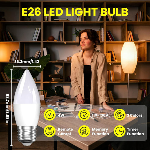 BrightArk E26 Bulbs 400LM 4W Dimmable 3000K-4000K-6000K 40W Bulb Bedroom,2 Bulb& 1 LED Light with Remote Control
