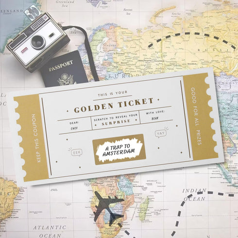 CJ&M The Golden Ticket | Scratch & reveal surprise ticket, Golden ticket, Scratch Card, Surprise holiday, Gift reveal