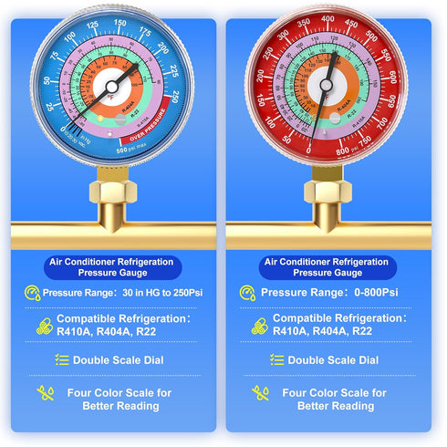 MEANLIN MEASURE Refrigeration Pressure Gauge, 1/8" NPT, 30 in HG to 250Psi, 2-3/4" Dial for R-404A, R-22, R-410A