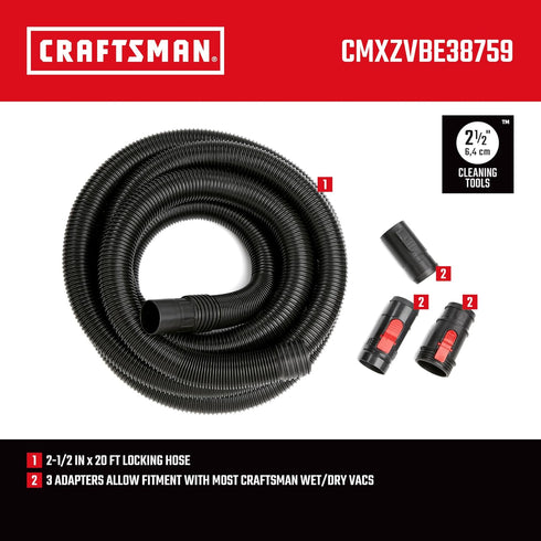 CMXZVBE38759 2-1/2 20 2-1/2 CRAFTSMAN in. x ft. POS-I-LOCK Wet Dry Vac Hose Attachment Kit, Industrial-Grade Shop