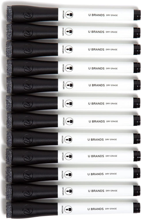 U Brands Fine Tip Dry Erase Markers, Low Odor Whiteboard Markers with Eraser, Black, Set of 12