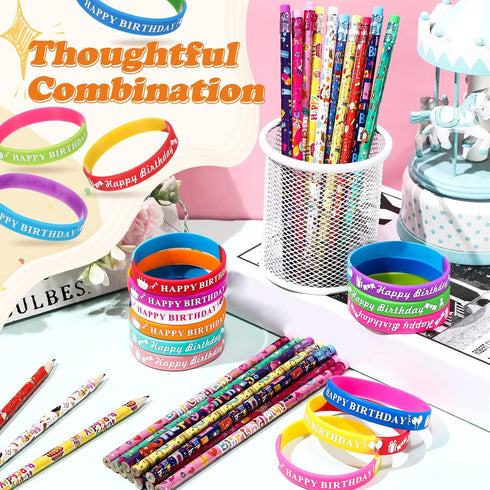 Sabary 48 Pcs Happy Birthday Pencils and Rubber Bracelets Set, Birthday Party Favors
