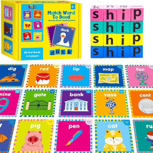 Word Spelling Game, 80 First Words with Wooden Alphabet Puzzle Blocks CVC