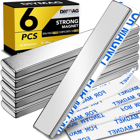 DIYMAG Strong Neodymium Bar Magnets with Double-Sided Adhesive, 60 x 10 x 3 mm, Pack of 6
