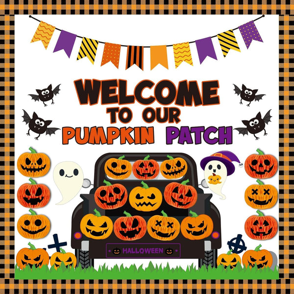 Halloween Pumpkin Honeycomb Balls Bulletin Board Set, Cutouts for Classroom Birthday Party Decor with Ghosts and Bats