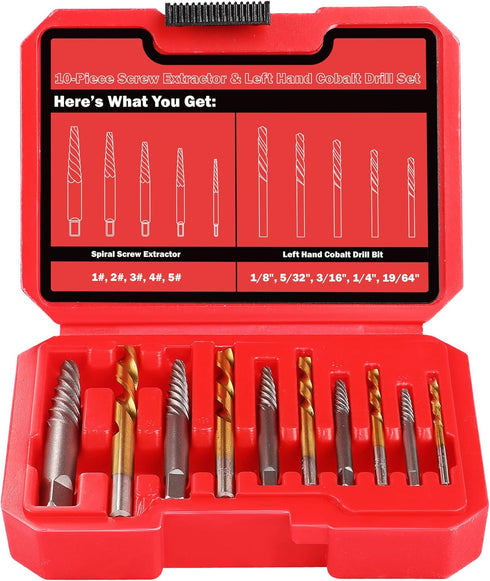 14 Pieces Screw Extractor Set, 35# Cr-Mo & 6542 HSS Steel Cobalt Left Hand Drill Bits for Removing Stripped Screws and