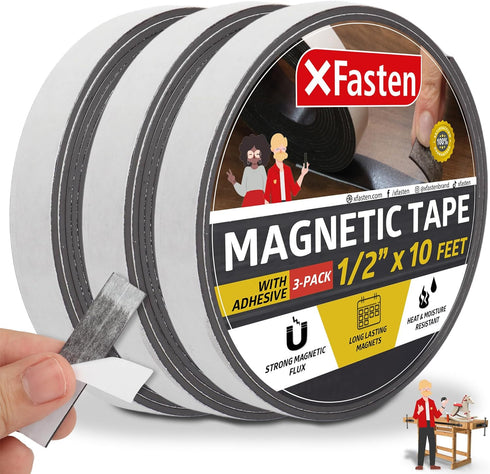 XFasten 1/2-Inch X 10-Foot Magnetic Tape Roll - Pack of 3 Strong Sticky Magnetic Strips for Crafts