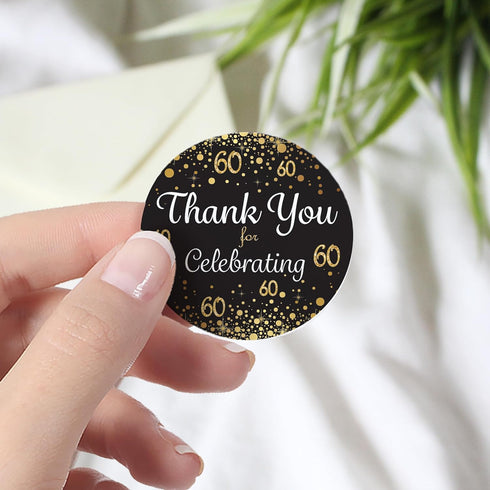 Black and Gold 60th Birthday Party Thank You Stickers, Set of 40 Stickers