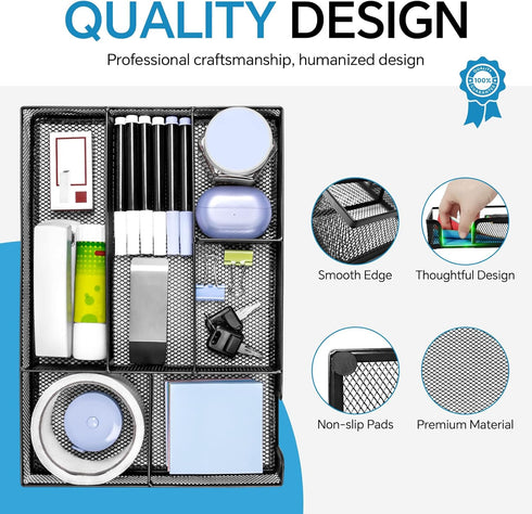 Desk Drawer Organizer, Office Divider Tray with 6 Compartments, Metal Mesh for Stationery, Makeup, School