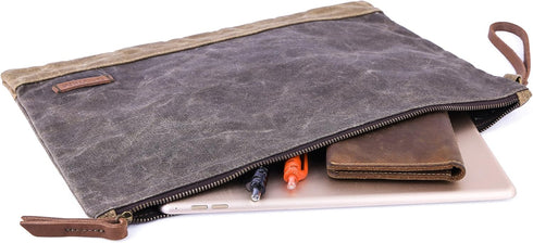 Gootium Waxed Canvas Zip Folio Pencil Pouch - Multipurpose File Folder, Size 13"x9.4", Olive Drab