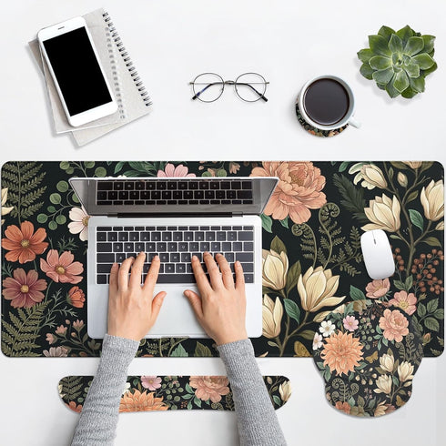 Arttown Set 4 1 Spring Flower Desk Mat Leaves Floral Colorful Mouse Pad in Ergonomic Design Large Mousepad + Keyboard