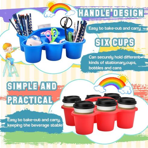 6 Pack 6 Haundry Classroom Caddy Storage Basket with Handle, Plastic Drink Cup Caddy Holder, Compartments for Kids