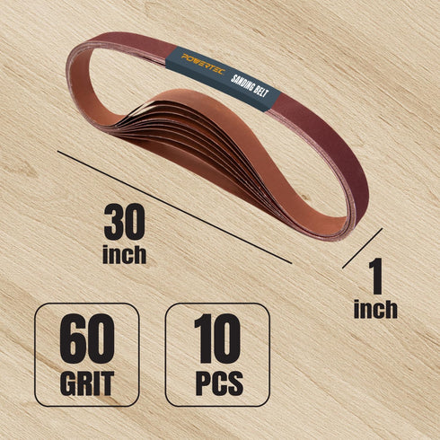 POWERTEC 111280 Sanding Belts, 1 x 30 Inch, 60 Grit Aluminum Oxide, 10PK for WEN 6515T/Bucktool