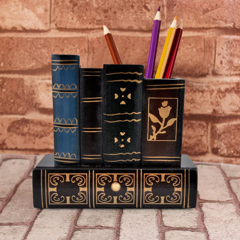 Vintage Book Pen Holder, Retro Wooden Desk Organizer with Drawer, Fake Book Shaped Pencil Cup for Office