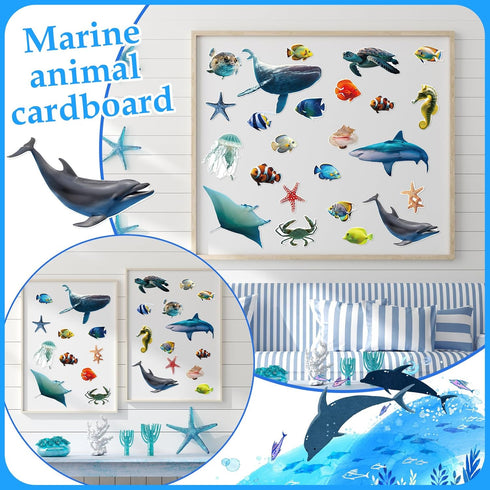 Fulmoon 62 Pcs Realistic Sea Ocean Animal Bulletin Board Decor, Sharks, Whales, Turtles Cutouts for Classroom