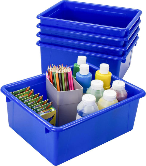 Storex Letter Size Deep Storage Tray, Organizer Bin with Non-Snap Lid, Blue, 5-Pack