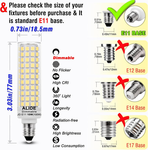 E11 LED Bulbs 120V 100W Halogen Candelabra, Dimmable T3 T4 Mini Base JDE11 Bulb, 6000K Daylight - 5 Pack