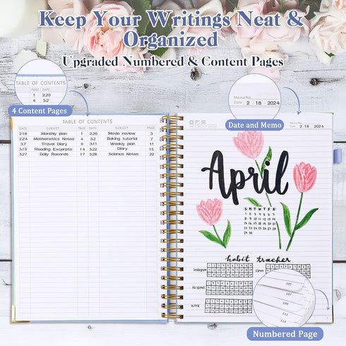 Spiral Notebook 8.5" x 11", Notebooks College Ruled, Hardcover Notebook with Numbered Pages, Notebook Journal for Women, Leather Journal Notebooks for Work, Writing, Thick Aesthetic Notebook, Blue