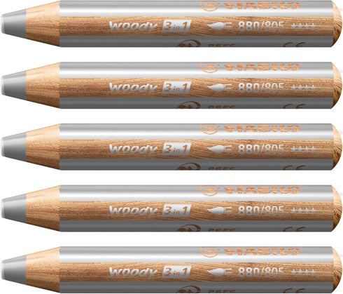 STABILO 5 x WOODY 3 in 1 Multi-Talented Jumbo Pencil, Silver