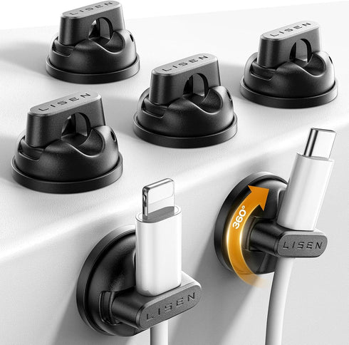 LISEN 6-Pack Rotatable Cord Holder for Nightstand, 360Rotating Magnetic Clips, No-Residue Strong Adhesive