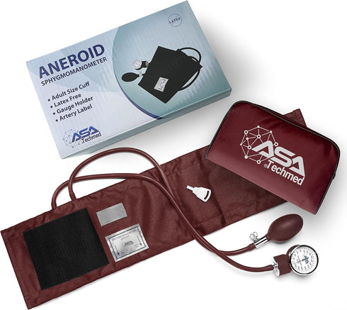 ASA TECHMED Manual Blood Pressure Monitor - Aneroid Sphygmomanometer Cuff for Nurses (Maroon) Standard