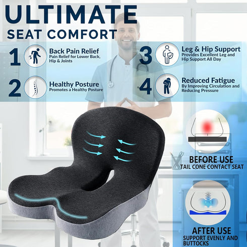 dunlips Tailbone Memory Foam Seat Cushion for Truck Drivers, Office Chairs Ergonomic Seat Cushion for Back, Sciatica