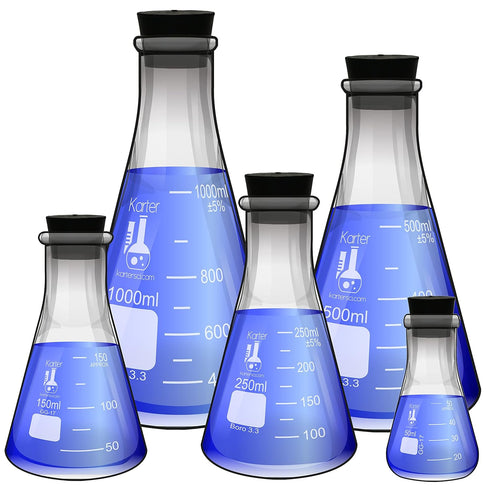 Glass Flask 5 Piece Set, Narrow Mouth Erlenmeyer, Borosilicate 3.3 Glass - 50ml to 1000ml