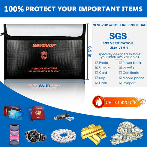 4200F 9.8 6.5" Set 2packs Fireproof Money Bag - Upgraded Heat Insulated, x Small Fireproof Document Bags