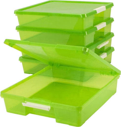 Storex Classroom Craft Project Box, Stacking Plastic Organizer Fits 12x12 Scrapbooking Paper, Green, 5-Pack (63207U05C)