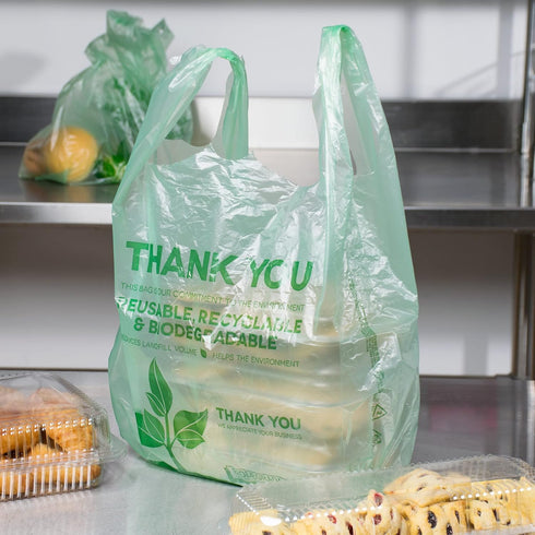 KitchenDine 100 Count 22" 12" (100) Eco Green Plastic Bags - Biodegradable Shopping Bags-Thank You - x Carry Out Bag.