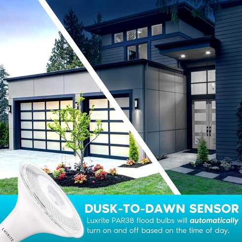 PAR38 Bulb, 90W 5000K 1250 E26 (2 Pack) LUXRITE Dusk to Dawn LED Equivalent, Automatic On Off Sensor, Bright White