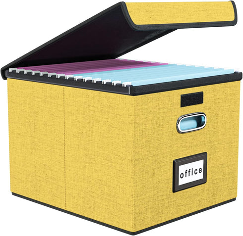Huolewa Collapsible File Storage Organizer Box with Lid, Yellow Linen Document Storage for Letter/Legal Folders