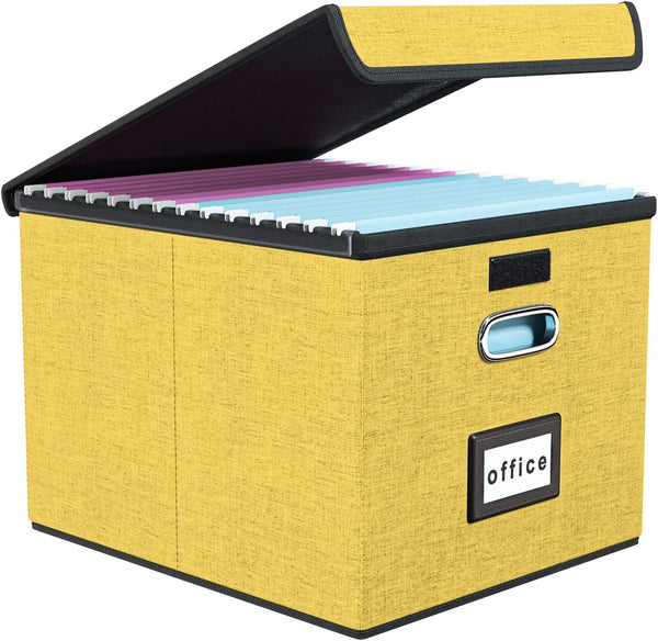 Huolewa Collapsible File Storage Organizer Box with Lid, Yellow Linen Document Storage for Letter/Legal Folders