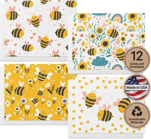 Twigs Paper Assorted Bumble Bee Greeting Cards - Stationery Cards with Envelopes, Thank You Card, Set of 12