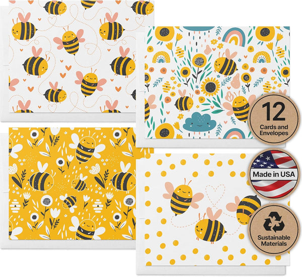 Twigs Paper Assorted Bumble Bee Greeting Cards - Stationery Cards with Envelopes, Thank You Card, Set of 12