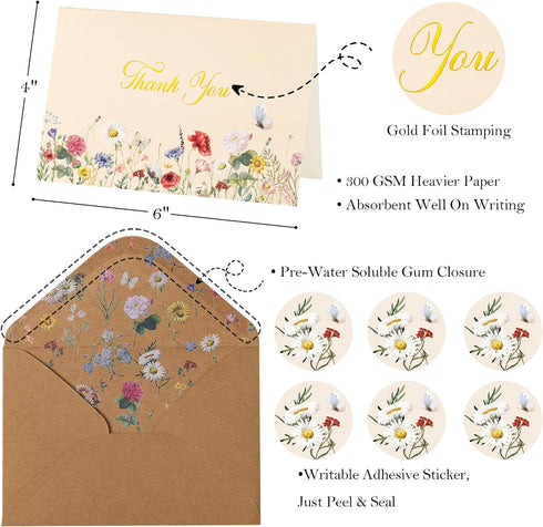 50 Pack Crisky Vintage Floral Thank You Cards with Envelopes & Stickers Wildflower Thank You Cards Bulk for Birthday