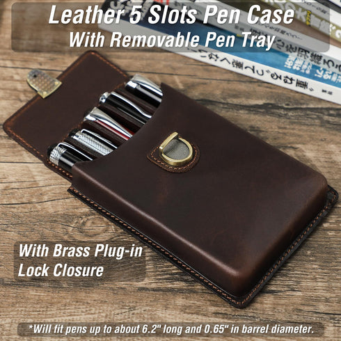 Top Grain Genuine Leather 5 Slot Pen/Pencil Tray Case Organizer, Handmade Vintage Design, Glossy Coffee