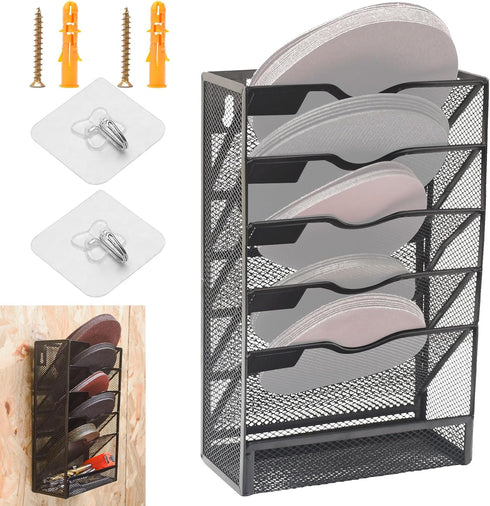 Hanging 5-Tier Mesh Sandpaper Organizer, Metal Storage Rack for 5 Inch and 6 Inch Sandpapers (Excludes Sandpaper)