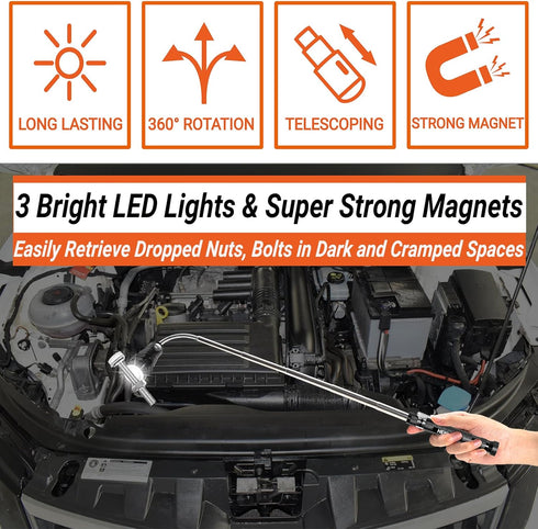 Magnetic Pickup Tool and Extendable Mirror - Telescoping Magnet Flashlight, Great Gifts for Men and Women