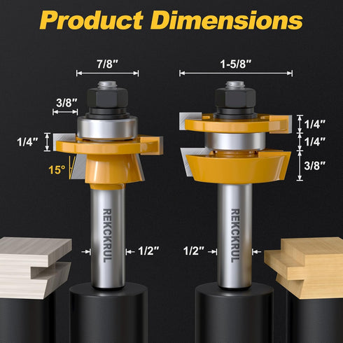 2PCS Set, 1/2 Inch Set (3/8 Inch 7/8 Inch Bevel Shaker Rail and Stile Router Bit Carbide-Tipped Cabinet Door Router Bit