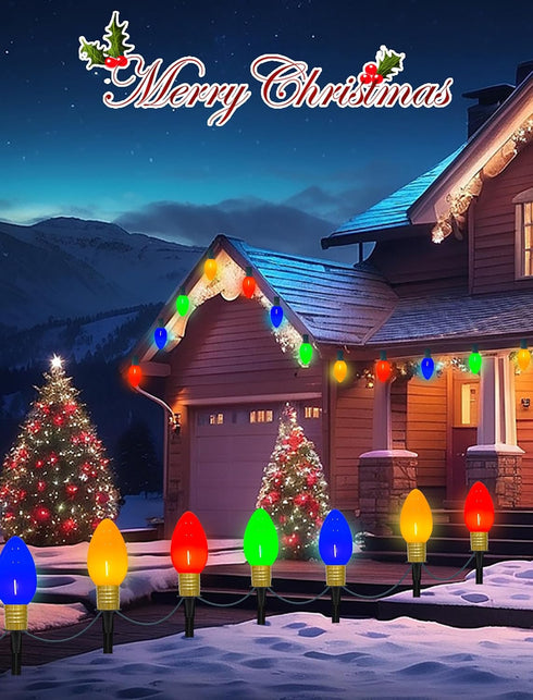 C9 7Ft 4 C9 Bulbs, Christmas Pathway Stake Lights, String Lights with Jumbo Multicolor LED Stake, Christmas Decorations