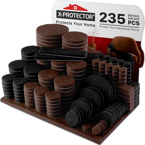 235 pcs Brown & Black Felt Furniture Pads by X-Protector for Hardwood Floors - Ideal Protectors for Furniture
