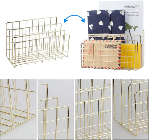 Metal Wire Desktop Mail Organizer, File Sorter, Magazine Rack for Letters, Mails, Books, Postcards (3 Slot, Gold)
